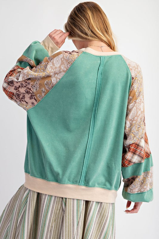 "Kendall" Printed Sleeve Pullover, Mint - The Katie Grace Boutique