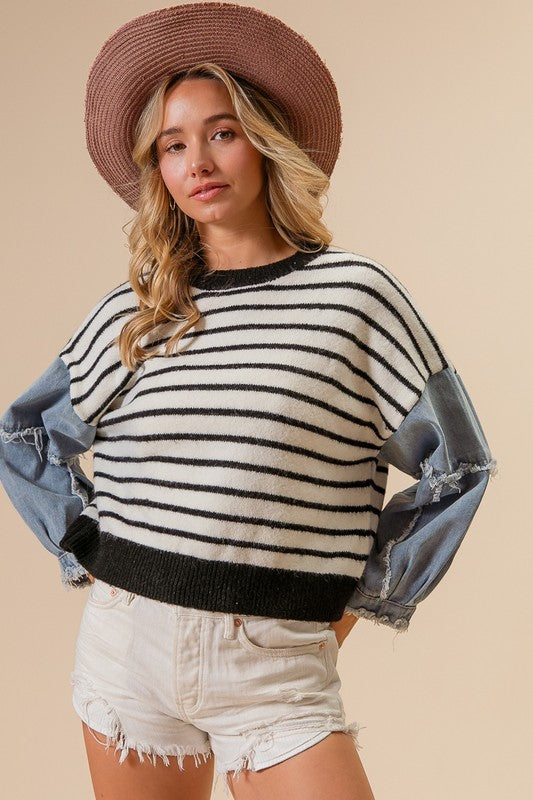 "Rory" Striped Sweater with Denim Sleeves - The Katie Grace Boutique