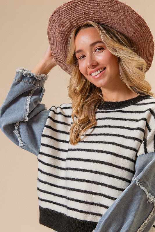 "Rory" Striped Sweater with Denim Sleeves - The Katie Grace Boutique