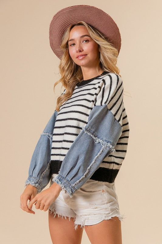 "Rory" Striped Sweater with Denim Sleeves - The Katie Grace Boutique