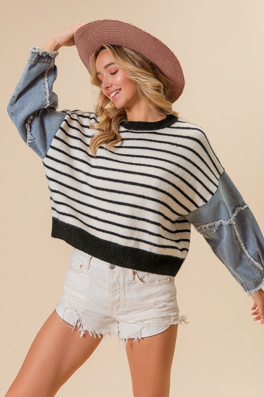 "Rory" Striped Sweater with Denim Sleeves - The Katie Grace Boutique