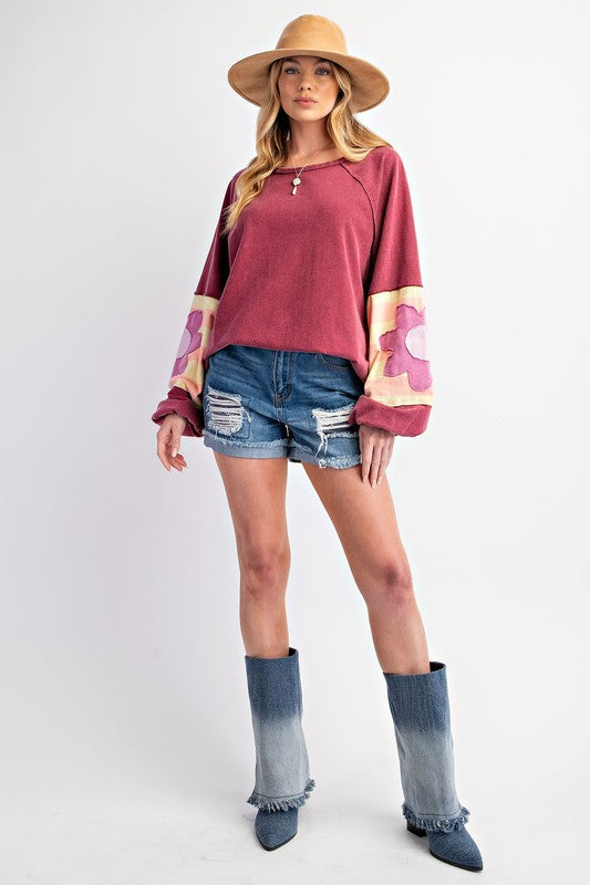 "Hayden" Mineral Washed Top with Applique' Details - The Katie Grace Boutique