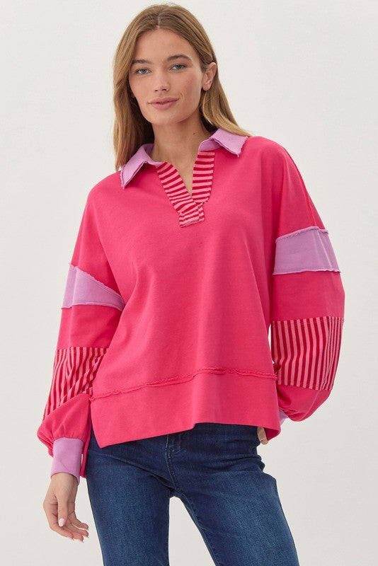 "Melanie" Mixed Media Collared Top, Fuchsia - The Katie Grace Boutique