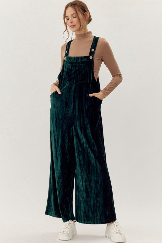 "Evelyn" Velvet Overalls, Green - The Katie Grace Boutique