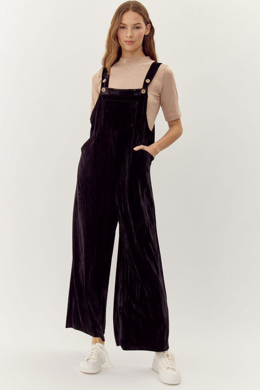 "Evelyn" Velvet Overalls, Black - The Katie Grace Boutique