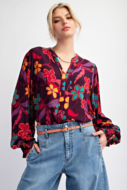 "Ana" Bold  Floral Blouse - The Katie Grace Boutique