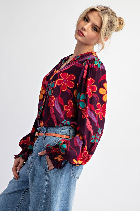 "Ana" Bold  Floral Blouse - The Katie Grace Boutique