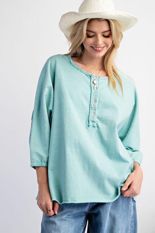 "Sara" Henley Mineral Washed Top - The Katie Grace Boutique