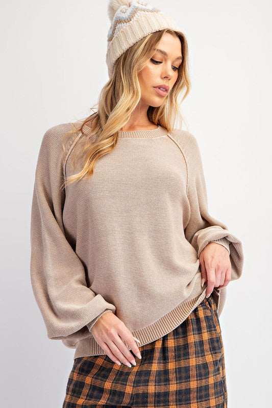 "Charlee" Mineral Washed Sweater, Khaki - The Katie Grace Boutique