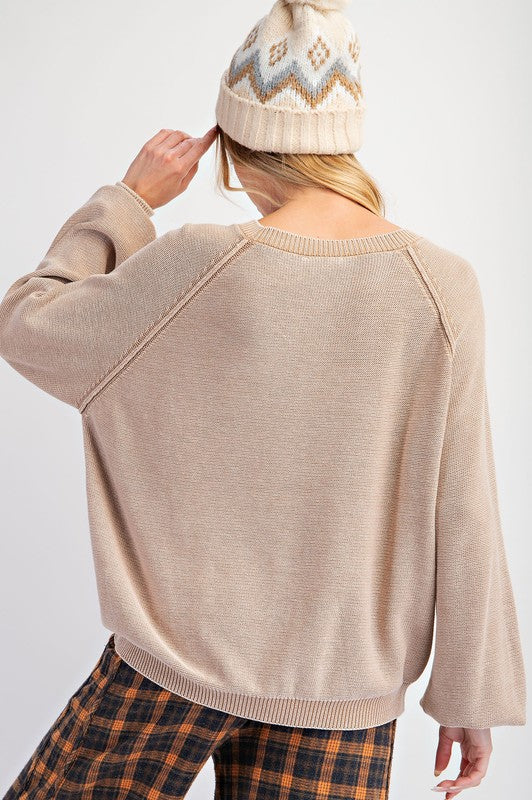 "Charlee" Mineral Washed Sweater, Khaki - The Katie Grace Boutique