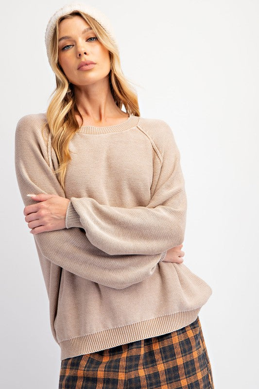 "Charlee" Mineral Washed Sweater, Khaki - The Katie Grace Boutique