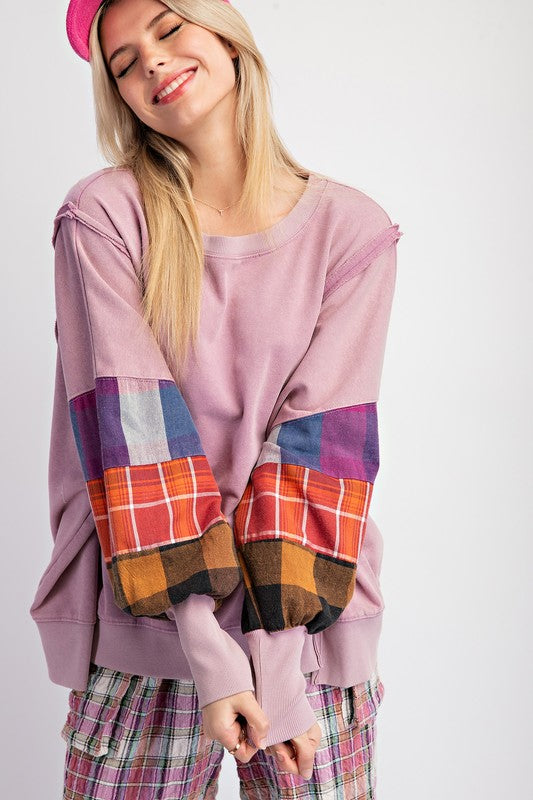 "Tara" Mineral Washed Pullover with Mixed Plaid - The Katie Grace Boutique