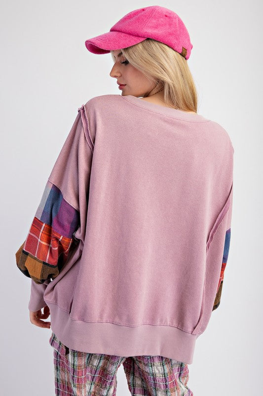 "Tara" Mineral Washed Pullover with Mixed Plaid - The Katie Grace Boutique