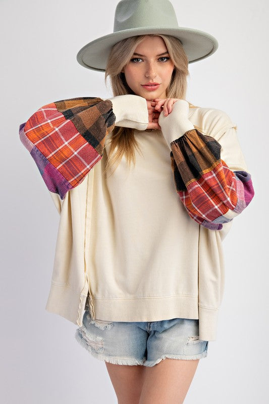 "Emersyn" Plaid Sleeve Pullover - The Katie Grace Boutique