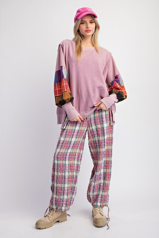 "Tara" Mineral Washed Pullover with Mixed Plaid - The Katie Grace Boutique