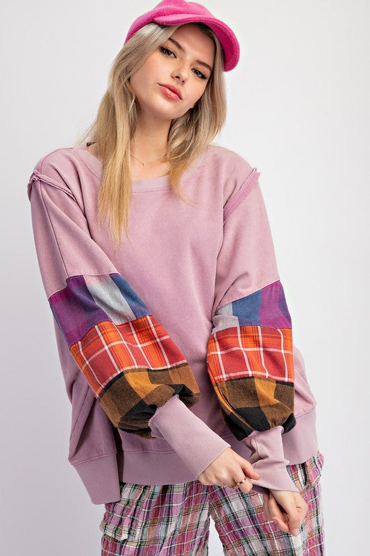 "Tara" Mineral Washed Pullover with Mixed Plaid - The Katie Grace Boutique