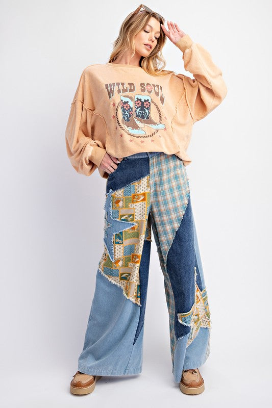 "Gina" Wide Leg Patchwork Pants - The Katie Grace Boutique