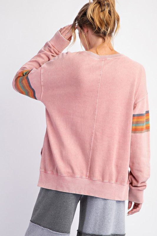 "Marley" Mineral Washed Striped Pullover, Rose - The Katie Grace Boutique