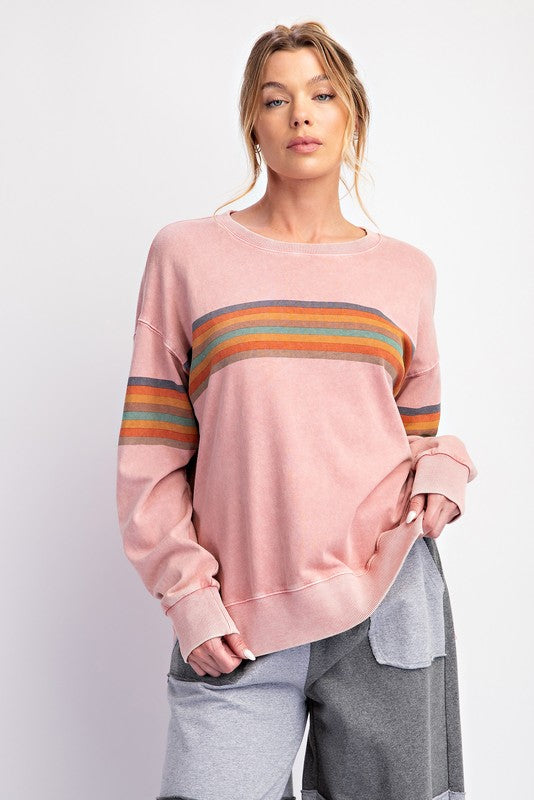 "Marley" Mineral Washed Striped Pullover, Rose - The Katie Grace Boutique