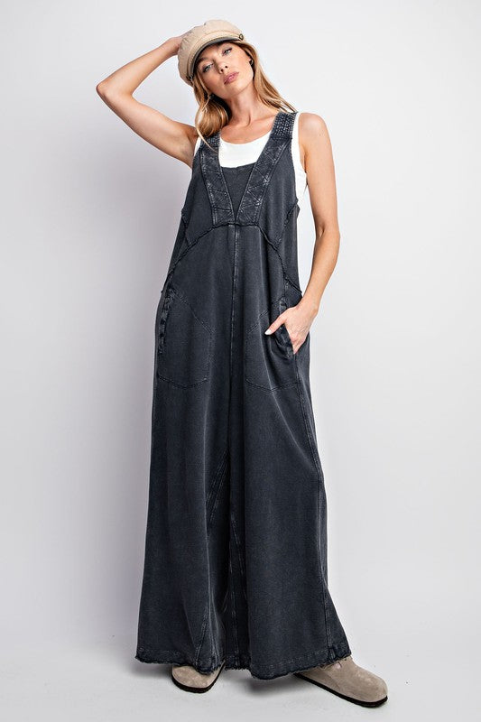 "Jasmine" Soft Mineral Washed Jumpsuit, Black - The Katie Grace Boutique