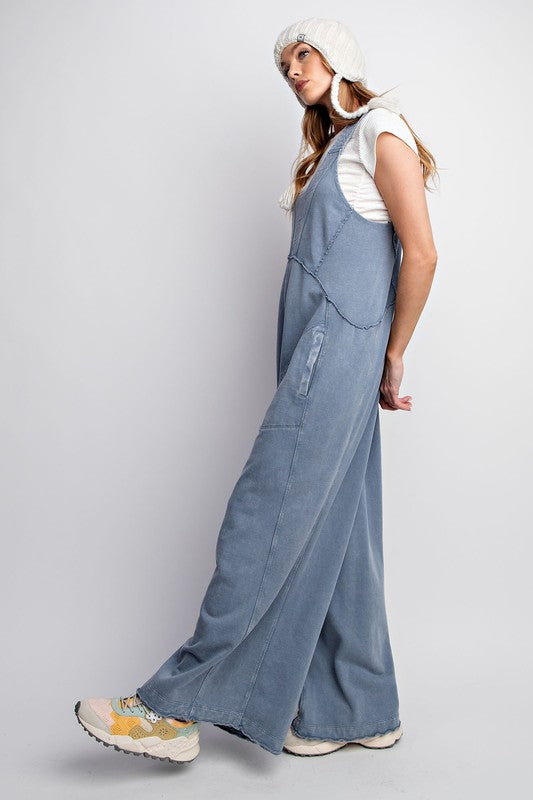 "Phoebe" Soft Mineral Washed Jumpsuit, Blue - The Katie Grace Boutique