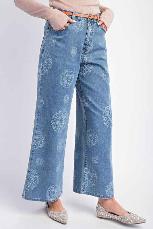 "June" Wide Leg Flower Jeans - The Katie Grace Boutique