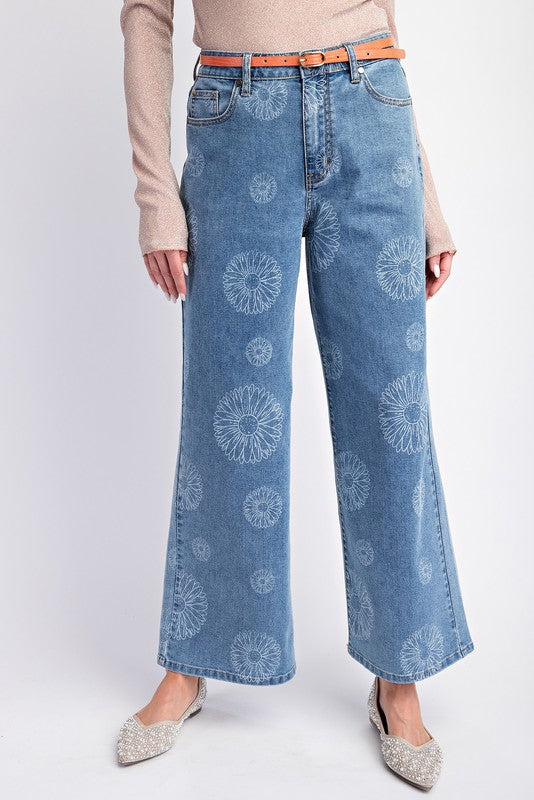 "June" Wide Leg Flower Jeans - The Katie Grace Boutique