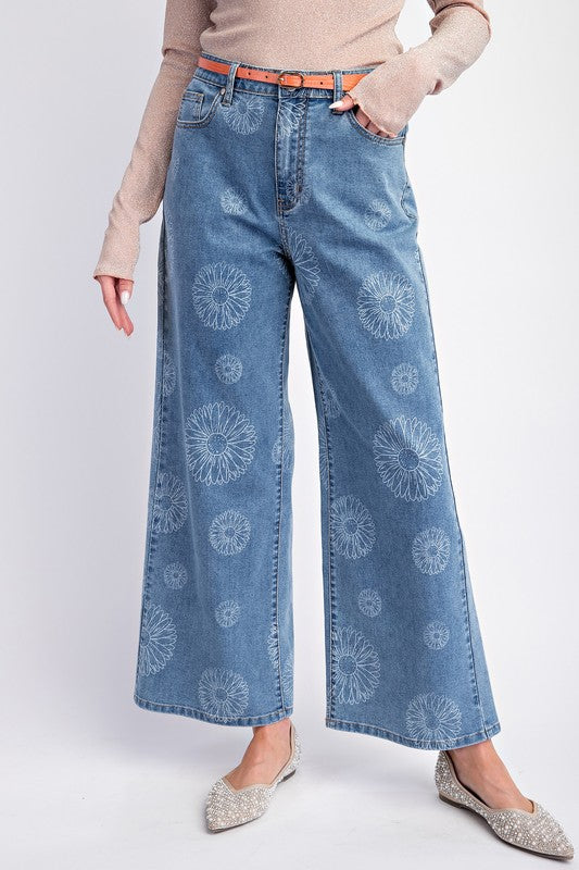 "June" Wide Leg Flower Jeans - The Katie Grace Boutique