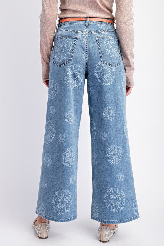 "June" Wide Leg Flower Jeans - The Katie Grace Boutique