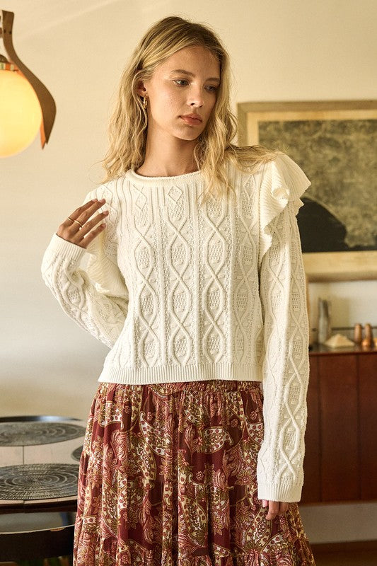 "Raya" Ruffled Cable Knit Sweater