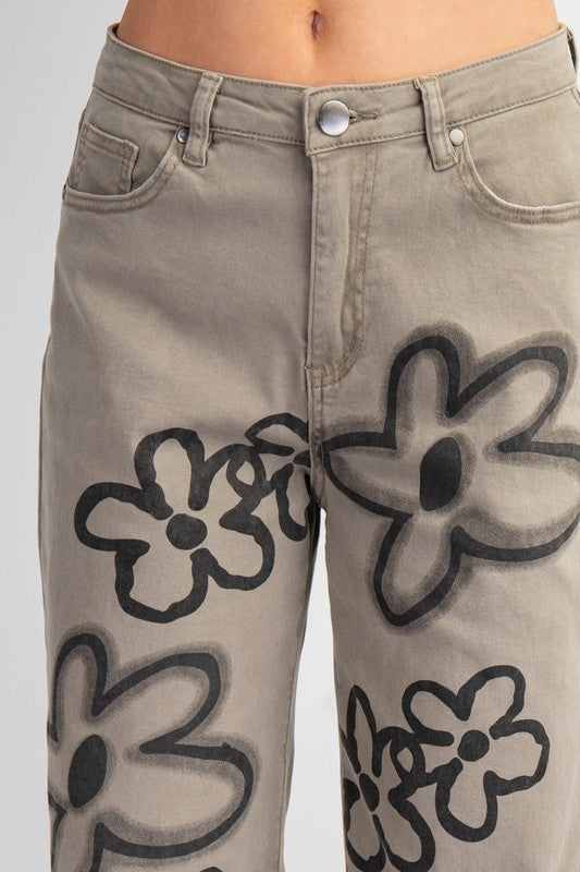 "Aspen" Floral Jeans, Olive