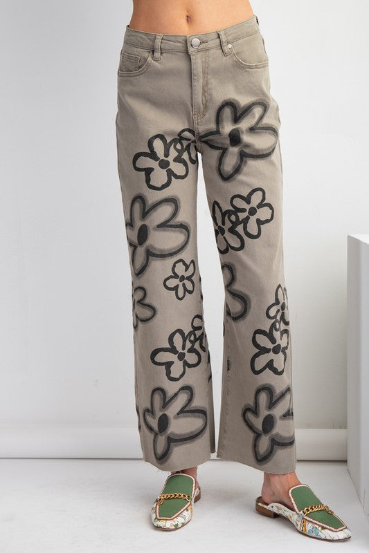 "Aspen" Floral Jeans, Olive - The Katie Grace Boutique