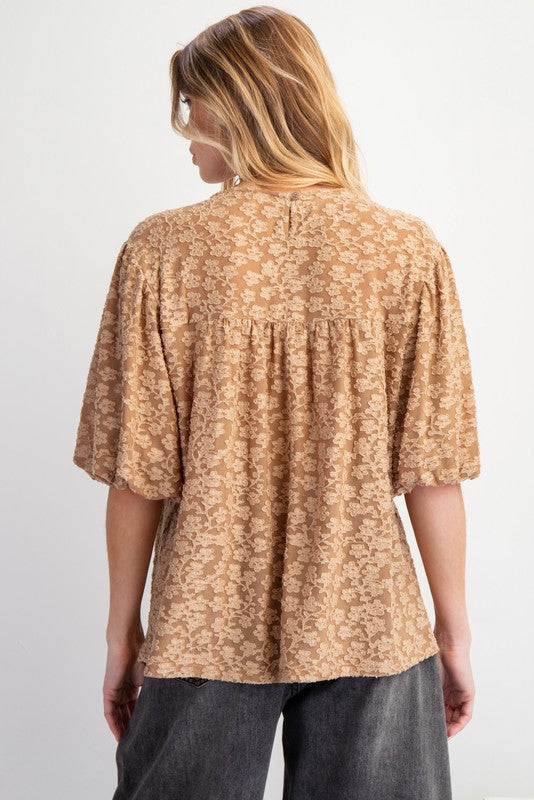 "Hallie" Textured Tonal Floral Top, Marsala