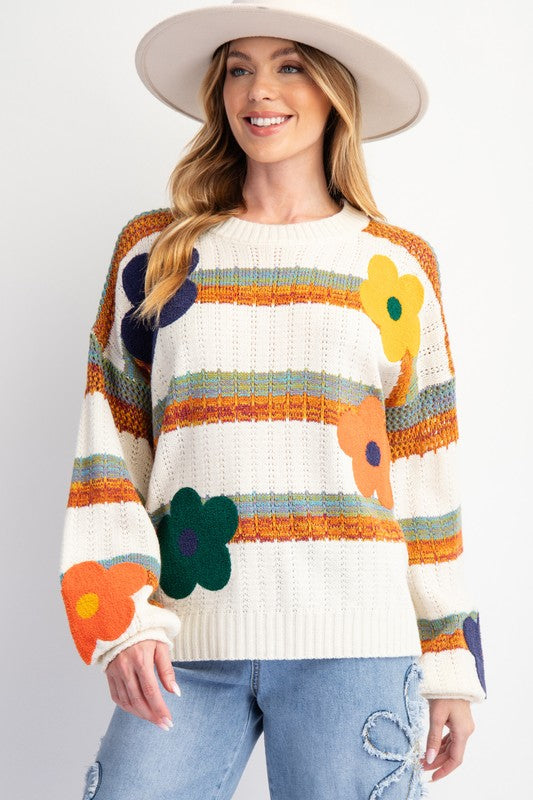 "Phoebe" Stripe and Floral Sweater - The Katie Grace Boutique