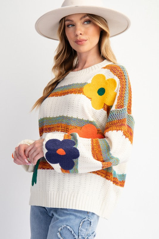 "Phoebe" Stripe and Floral Sweater - The Katie Grace Boutique