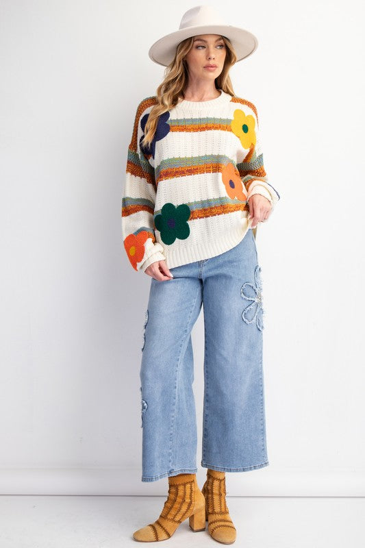 "Phoebe" Stripe and Floral Sweater - The Katie Grace Boutique