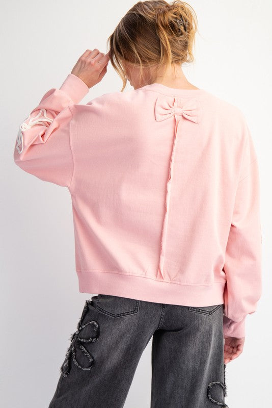 "Karsyn" Embroidered Bow Pullover, Pink - The Katie Grace Boutique