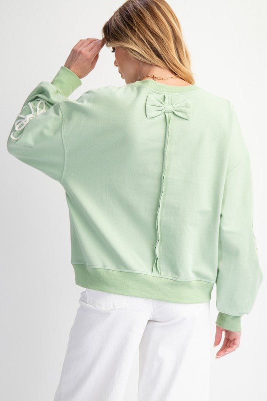 "Karsyn" Bow Embroidered Pullover, Sage - The Katie Grace Boutique