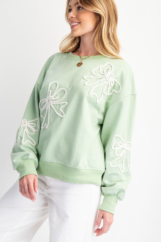 "Karsyn" Bow Embroidered Pullover, Sage - The Katie Grace Boutique