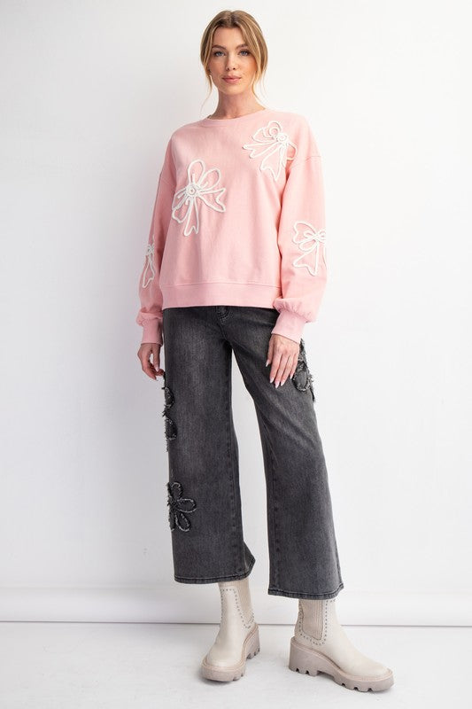 "Karsyn" Embroidered Bow Pullover, Pink - The Katie Grace Boutique