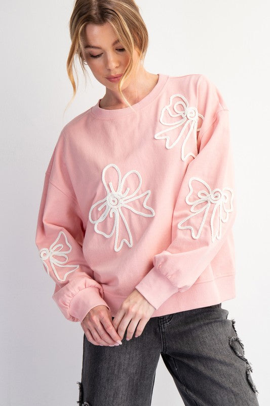 "Karsyn" Embroidered Bow Pullover, Pink - The Katie Grace Boutique