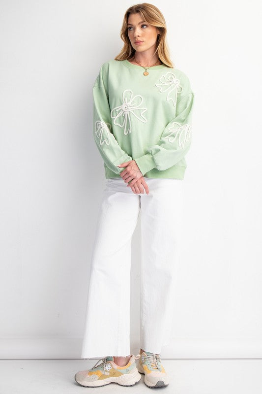 "Karsyn" Bow Embroidered Pullover, Sage - The Katie Grace Boutique