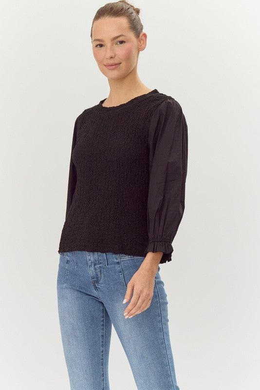 "Anna" Textured Fitted Top with Poplin Sleeves, 2 colors - The Katie Grace Boutique