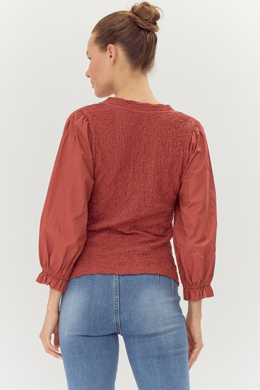 "Anna" Textured Fitted Top with Poplin Sleeves, 2 colors - The Katie Grace Boutique