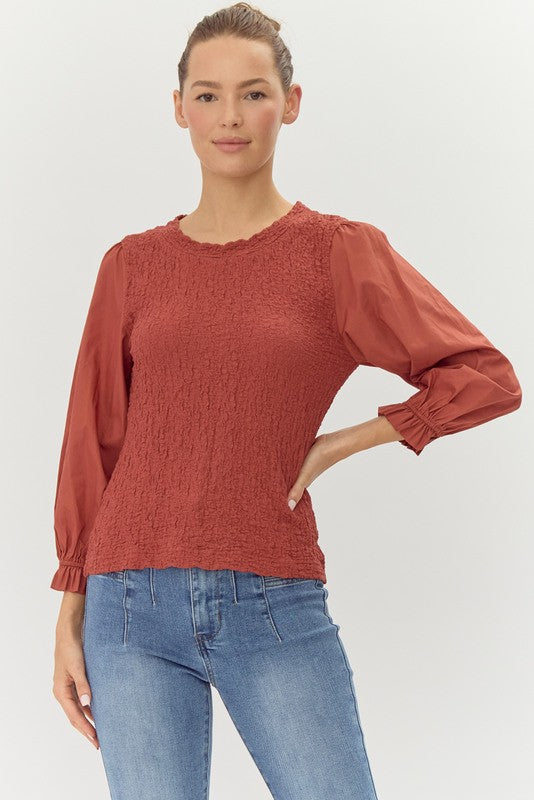 "Anna" Textured Fitted Top with Poplin Sleeves, 2 colors - The Katie Grace Boutique