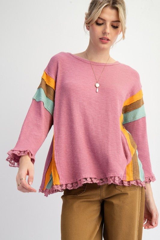 "Paisley" Ribbed Top with Lace Trim, Pink - The Katie Grace Boutique