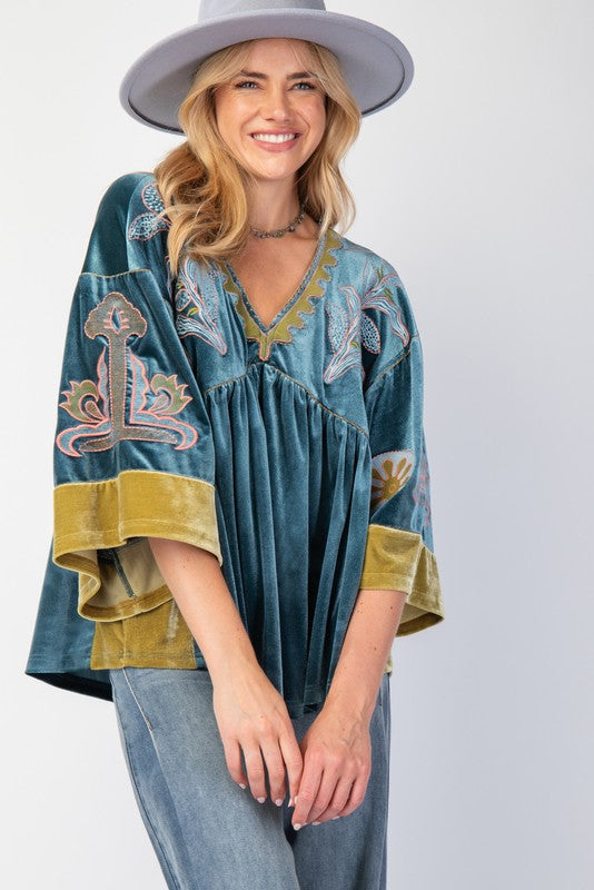 "Samantha" Embroidered Velvet Blouse