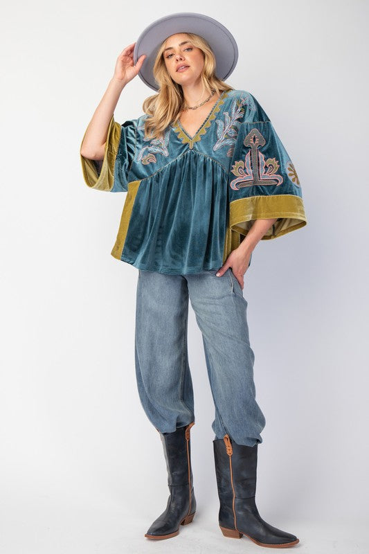 "Samantha" Embroidered Velvet Blouse - The Katie Grace Boutique