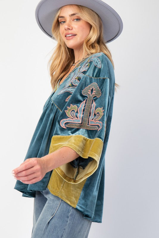 "Samantha" Embroidered Velvet Blouse - The Katie Grace Boutique