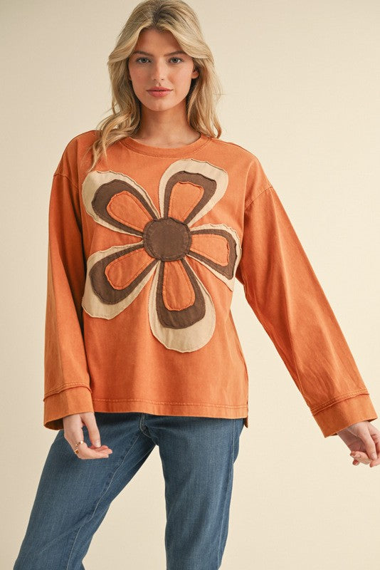 "Frankie" Mineral Washed Applique Top, Toffee - The Katie Grace Boutique